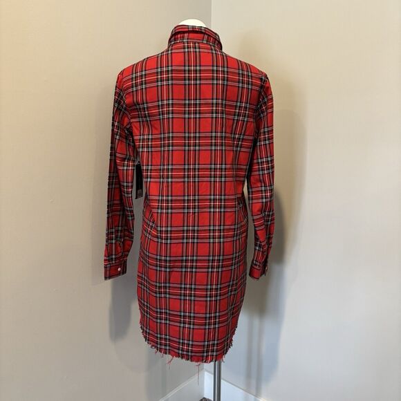 Kendall + Kylie Shirt Dress Small Red Plaid Embroidered Raw Hem Button Front - Picture 4 of 13
